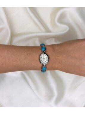 Vintage Faux Turquoise Watch Western Cowgirl Bracelet Watch Silver Tone